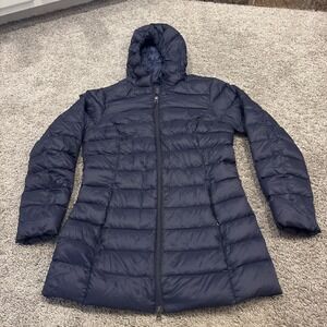 Eddie Bauer EB650 Down Puffer Jacket Womens Medium Blue Heathered Hooded Coat
